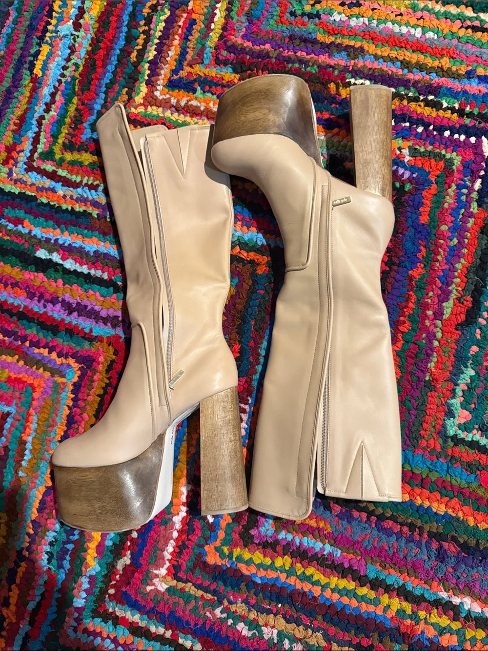 cult gaia Beige Over-the-Knee Platform Boots with Wooden Block Heel